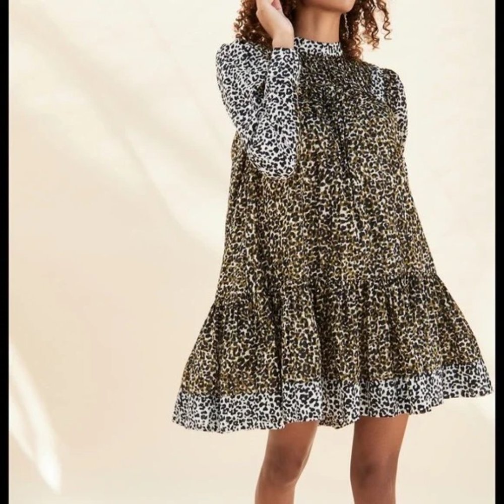 ULLA JOHNSON Amira Long Sleeve Mock Neck Leopard Print Dress